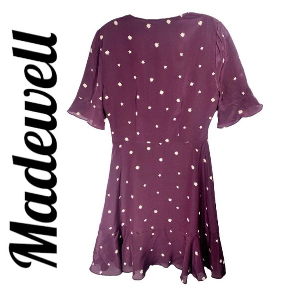 MADEWELL 100% Silk Burgundy Star Print Flutter Hem Faux Wrap Mini Dress, Small - Picture 3 of 13